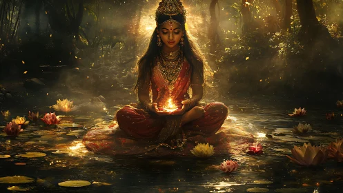 Divine woman meditates on glowing lotus in enchanted forest.