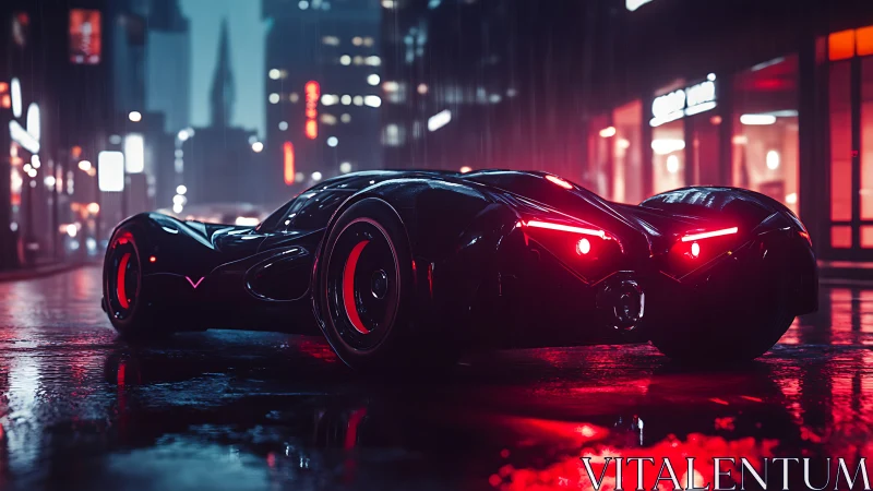 Futuristic black supercar waits on wet neon city street at night