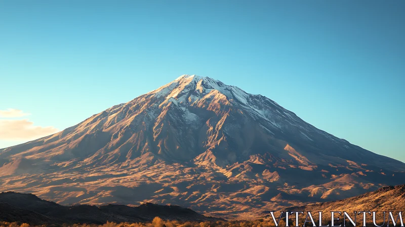 Snowcapped volcanic peak under warm golden hour raking light.