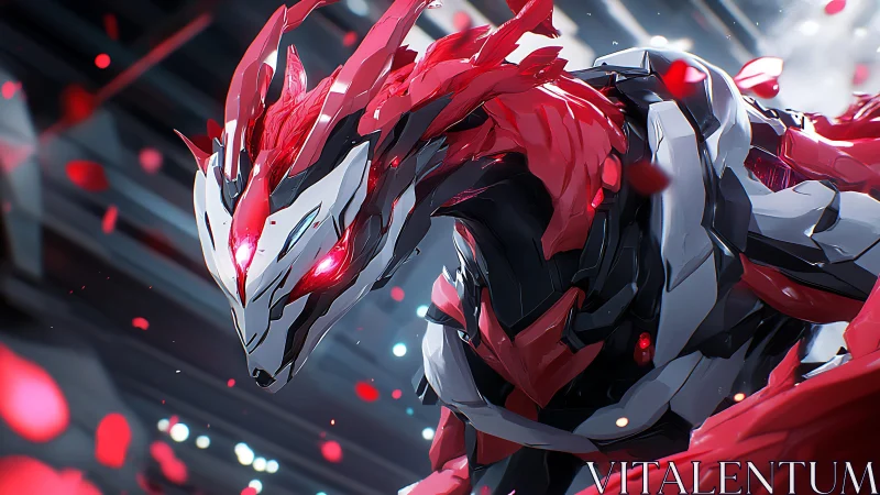 Mechanical dragon construct is rendered in red and silver armor