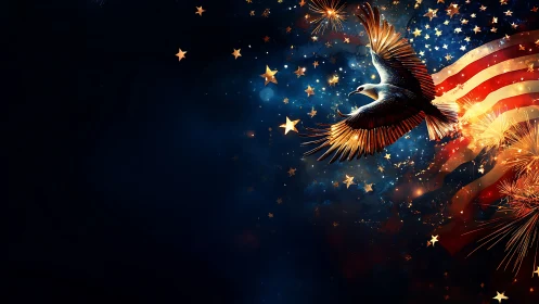 Digital patriotic eagle soaring past US flag and fireworks