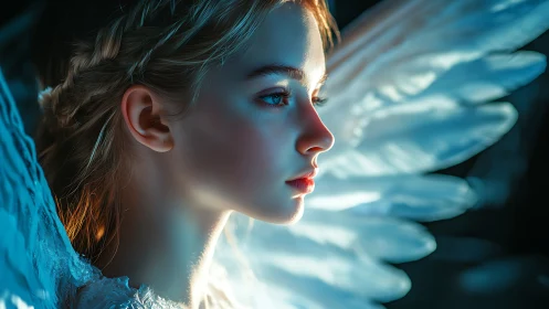 Luminous seraphic profile bathed in ethereal teal light.