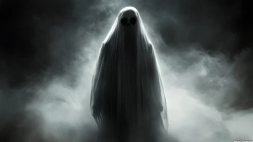 Backlit spectral figure in volumetric fog with draped shroud