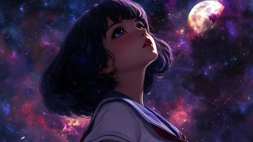 Stargazing schoolgirl adrift in a neon nebula night sky.