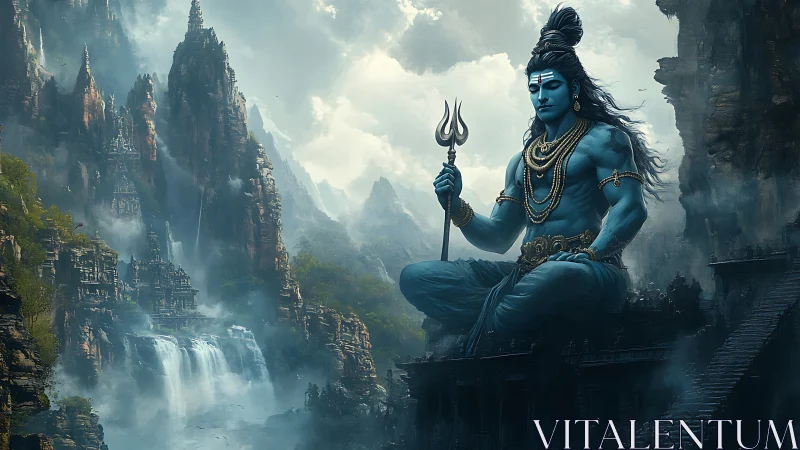 Colossal blue deity meditating above foggy cascades and temple cliffs