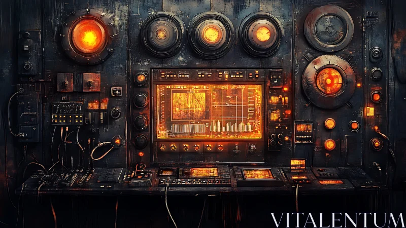 Retro cyberpunk control console with glowing orange cores.
