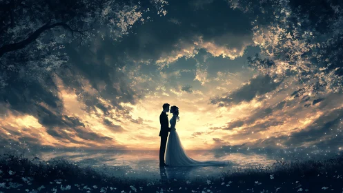 Couple's Silhouette Embraces Beneath Dramatic Golden Sunset