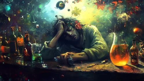 Surreal drunkard amid swirling bottles and autumn light.