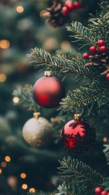 Christmas tree baubles with shallow depth of field glow.