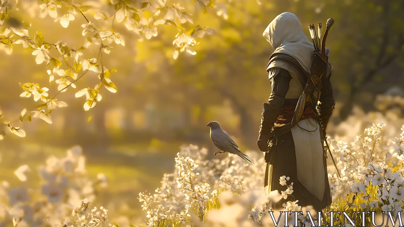 Hooded archer stands in sunlit blossom field with perched bird