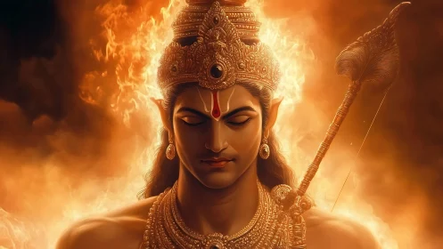 Divine warrior portrait crowned by radiant sacred flames.