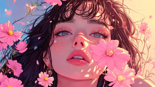 Digital portrait of young woman framed by pink flowers.