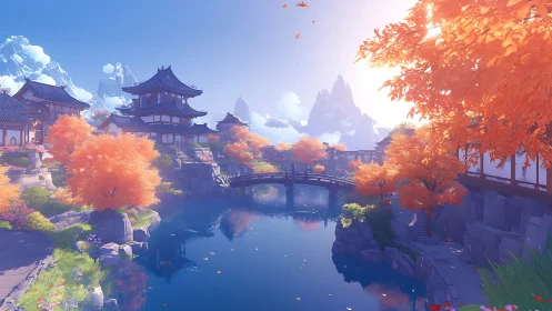 Autumn-tempered pagoda haven mirrored in a glassy river.