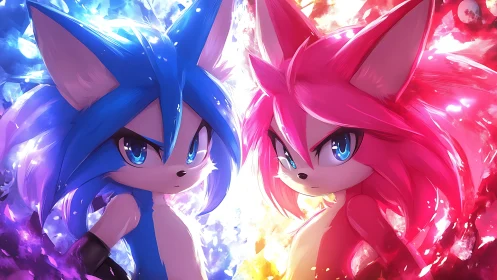 Electric fox twins blaze in blue and pink stardust showdown.
