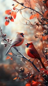 Autumn cardinals rest on glowing branches in soft morning light