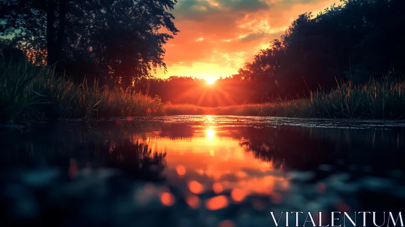 Low-angle sunset reflection over shallow forest stream