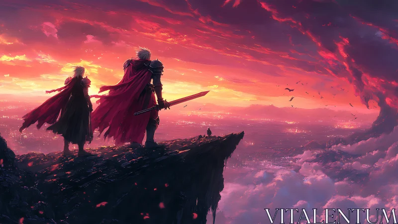 Two armored figures observe illuminated city from cliff edge