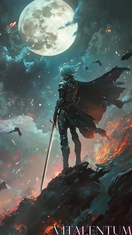 Lone armored warrior gazes at colossal moon over ruins.