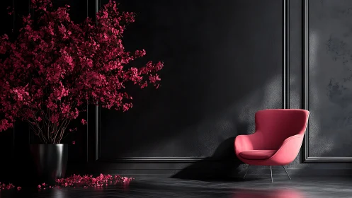 Pink lounge chair contrasts with black wall and blossoms