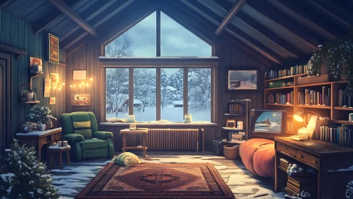 Snowlit attic study with warm reading nook and windowed view.