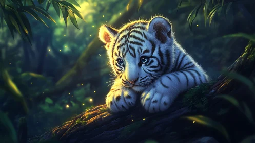 White tiger cub resting in luminous enchanted jungle scene.