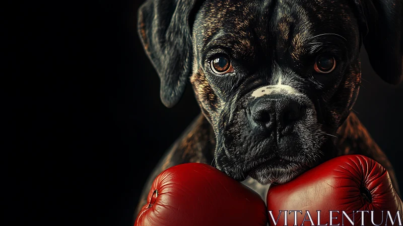 Boxer Dog Portrait with Red Boxing Gloves Against Black Background