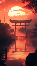 Crimson torii gateway bathing in molten sunset reflections.