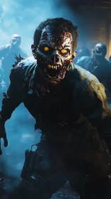 Ferocious undead horde lunging through cinematic blue fog.