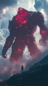Gigantic molten humanoid form towers over armed figure