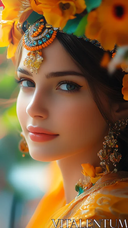 Woman in yellow floral headdress with ornate jewelry portrait.