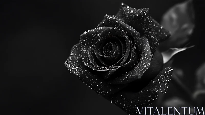 Monochrome close-up captures dewy black rose in sharp focus