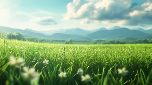 Sunlit meadow panorama under softly drifting clouds.