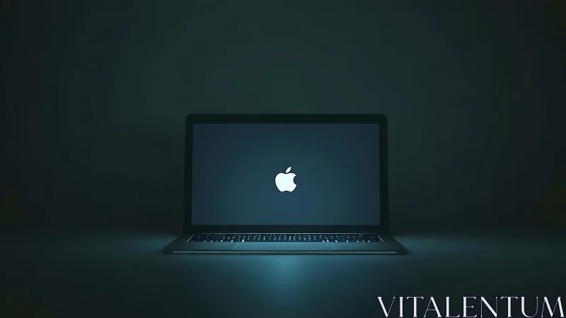 Open laptop displays illuminated Apple logo on dark screen
