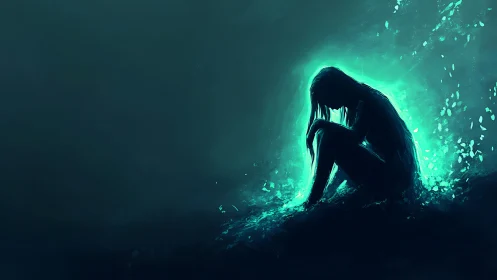 Luminous solitude: a teal aura cradles a silent figure.
