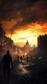 Figures walk through ruined city street under burning sky