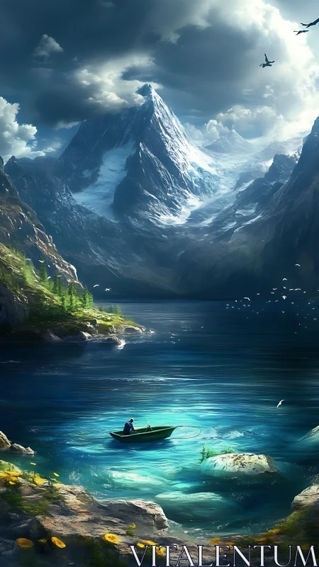 Solitary fisher beneath thunder-bright glacier crowns.