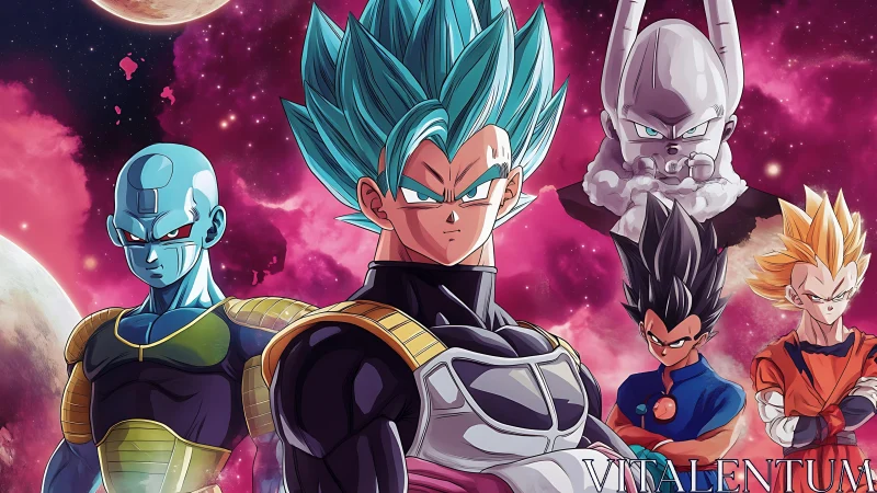 Five anime warriors posed against vivid cosmic sky.