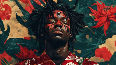 Painted portrait merges tribal spirit with lush florals