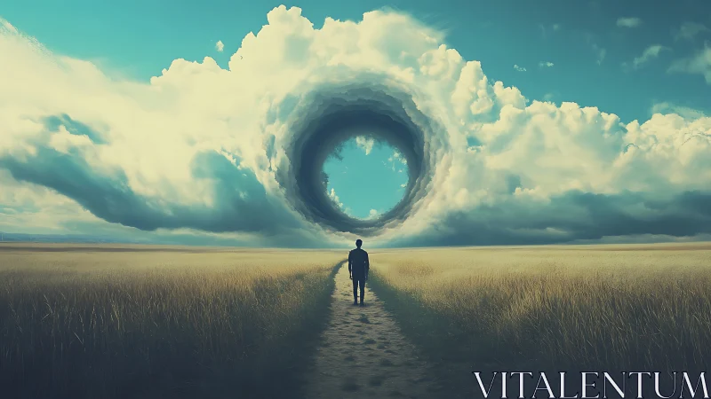 Solitary figure approaches concentric vortex opening in cumulus cloud