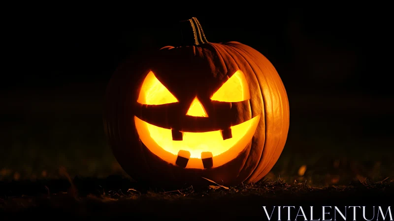 Glowing carved jack o lantern with triangular eyes at night.