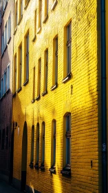 Sunlit yellow brick facade glowing along a quiet city lane.