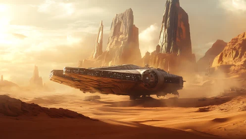 Sunlit desert canyon welcoming a wandering starship.