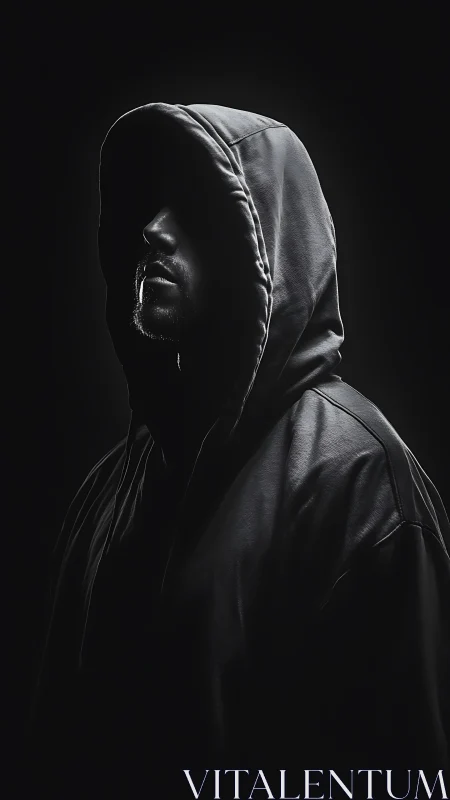 Shrouded hooded figure stands in dramatic shadowed light