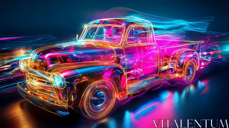 Neon light trail classic pickup truck in motion at night.