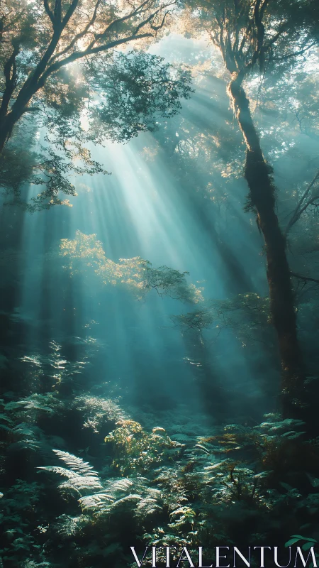 Sunlight Penetrates Dense Misty Forest Canopy