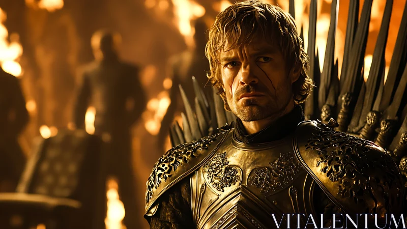 Battle hardened knight before burning throne room interior.