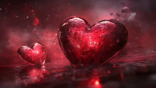 Luminous Glass Hearts in Red Atmospheric Light.