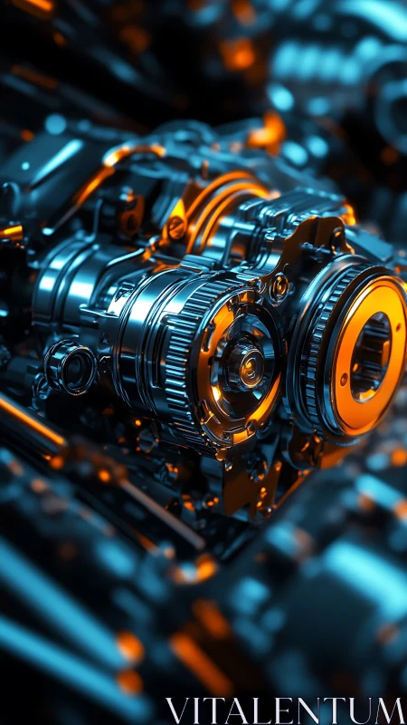 Detailed metallic gear assembly with blue and orange lighting.