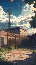Sunlit barbed-wire perimeter around aging industrial outpost