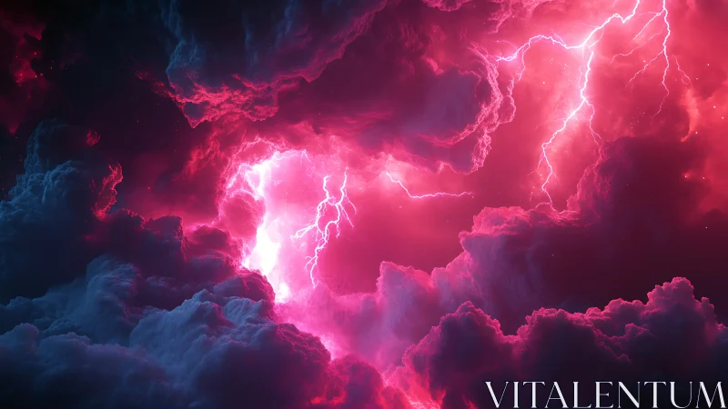 Electric pink storm clouds with vivid branching lightning.